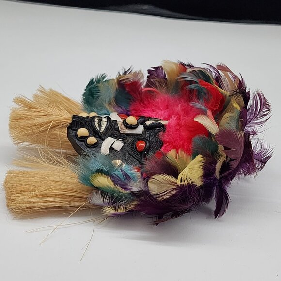 Handmade Tribal Brazil Mask With Colorful Feathers & Natural Fiber Tassels - Picture 6 of 8